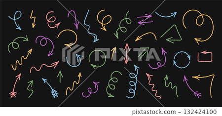 Wavy crayon arrow icon collection sketch set. Swirl and pointer set with chalk and zigzag element design, each symbol forms a colorful playful collection. Unique artistic set for creative Wavy crayon arrow icon collection sketch set. Swirl and pointer set with chalk and zigzag element design, each symbol forms a colorful playful collection. Unique artistic set for creative 132424100