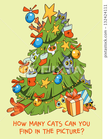 How many cats can you find in the picture. Cute Christmas puzzle How many cats can you find in the picture. Cute Christmas puzzle 132424111