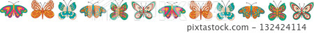 Groovy retro butterfly border pattern in funky y2k style. Colorful orange butterfly motif with a bold funky look forms a bright pattern, ideal for illustration projects and creative 132424114