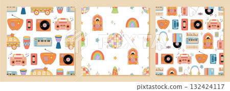 Groovy retro seamless pattern in cartoon graphic style set. Orange background with y2k music, disco, radio, and boombox mix with rainbow and cassette. Funky set creates playful mood, ideal for 132424117