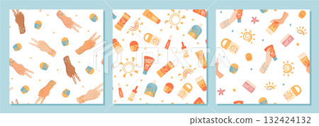Cartoon seamless pattern with sunscreen bottle, tube, and sun shapes. Each bottle or tube holds spf cream, sunblock or spray. Summer protection lotion and sun pair with two hand shapes in cosmetic 132424132