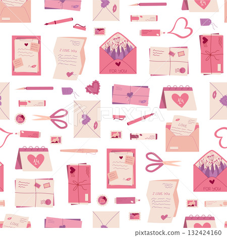 Seamless love mail flat background with heart envelope, postcard, card, and note pattern. Romantic mail pattern with message and love detail, perfect for holiday greeting or Valentine stationery 132424160