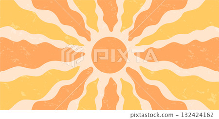 Retro groovy sun burst with wavy rays and yellow orange burst effect. Sunshine and sun graphic in grungy y2k horizontal background, great for summer wallpaper or trendy decorative art. Retro groovy sun burst with wavy rays and yellow orange burst effect. Sunshine and sun graphic in grungy y2k horizontal background, great for summer wallpaper or trendy decorative art. 132424162