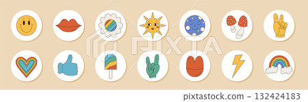 Retro groovy round sticker set with colorful emoji, heart, rainbow, sun, package and lid. These playful circle graphics bring a y2k pop touch to any package or product, perfect for a fun look. Retro groovy round sticker set with colorful emoji, heart, rainbow, sun, package and lid. These playful circle graphics bring a y2k pop touch to any package or product, perfect for a fun look. 132424183