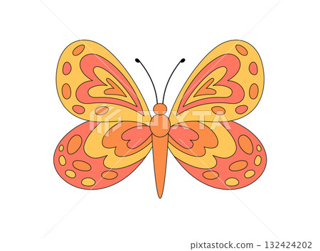 Groovy retro butterfly cartoon in cute and colorful style. Funky orange butterfly as a groovy element with happy y2k vibe. Trendy pop icon for playful or vintage creative project concepts. 132424202