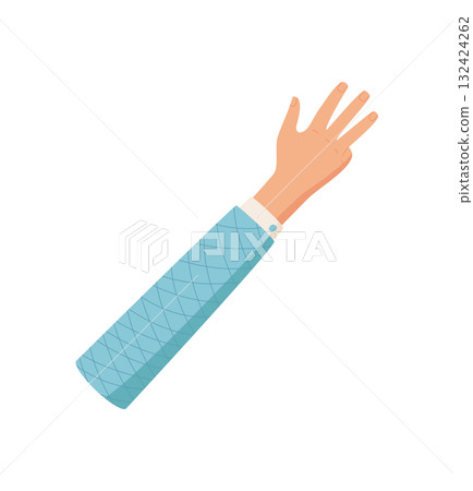 Flat cartoon hand gesture with four fingers up. Palm signal showing the number 4 in isolated format. Human hand with sleeve, professional icon for basic design. 132424262