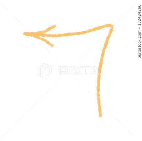 Orange pastel hand drawn swirl arrow with chalk stroke as pointer symbol. Icon element with decorative turn shape, rustic and textured accent in simple art style, perfect for modern design. 132424266