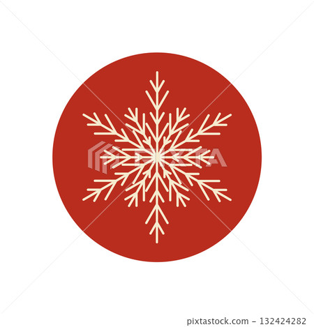 Round red sticker with white line snow flake ornament and winter holiday decoration. Xmas package element, christmas seal for festive product or seasonal label. Round red sticker with white line snow flake ornament and winter holiday decoration. Xmas package element, christmas seal for festive product or seasonal label. 132424282