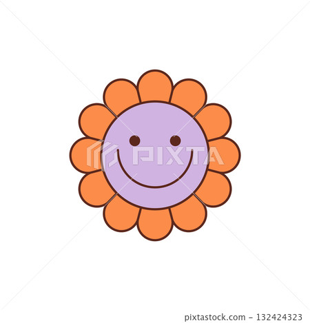 Groovy retro flower face sticker in cartoon graphic style and happy orange color. Cute smile as a groovy element, y2k vibe with playful feel. Bright accent for vintage sticker or fun happy decor. 132424323