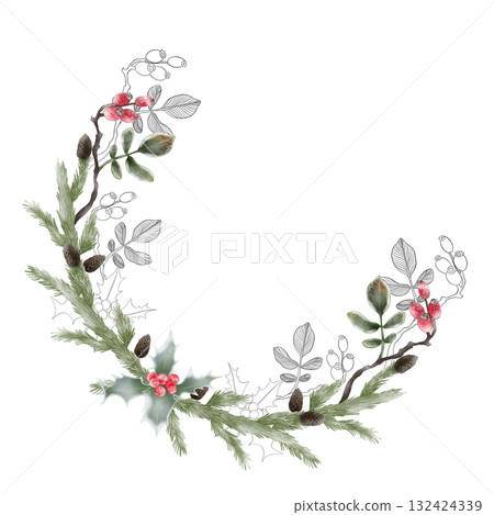 Illustration of a Christmas arrangement in a semicircle made of fir branches and red berries. Watercolor and graphic style. Illustration of a Christmas arrangement in a semicircle made of fir branches and red berries. Watercolor and graphic style. 132424339