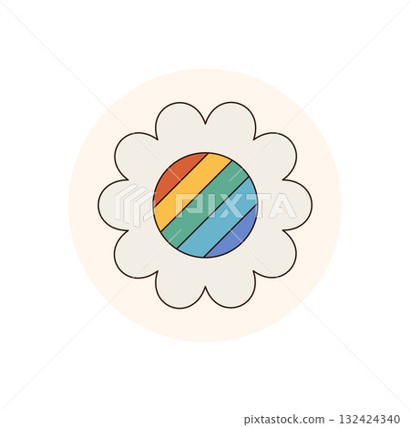 Groovy retro flower sticker label patch in colorful 70s style. Rainbow lid as funky circle seal for y2k package, vintage patch for pop label or trendy product, cheerful accent fun design. 132424340