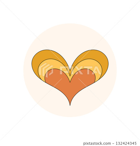 Retro groovy heart sticker with orange and circle shape forms a unique seal for package lid. Love and y2k style graphic perfect as package label or creative emblem. Retro groovy heart sticker with orange and circle shape forms a unique seal for package lid. Love and y2k style graphic perfect as package label or creative emblem. 132424345