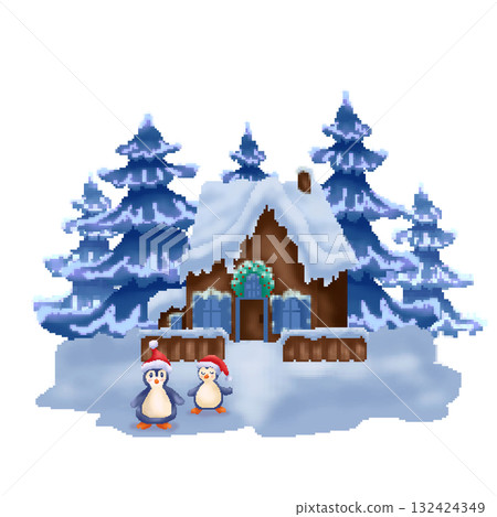 Pixel Christmas house with penguins and snowy spruce trees Pixel Christmas house with penguins and snowy spruce trees 132424349