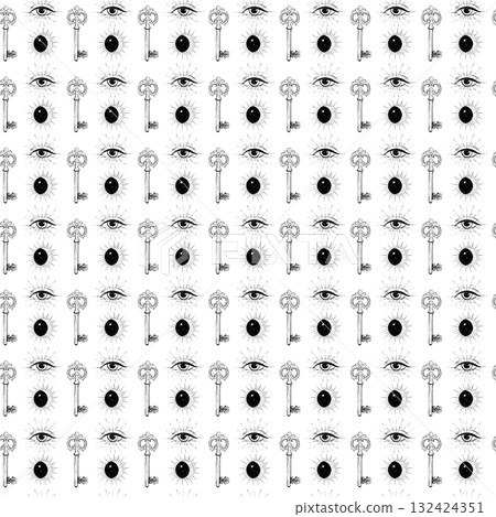 A graphic seamless pattern in a sketch style. Antique key, all-seeing eye, and the moon with the sun. Symbolism and esotericism. 132424351