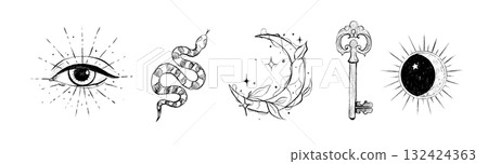 Sketch-style drawings of astrology and spirituality. The all-seeing eye, an antique key, a snake, a full moon, the sun. Sketch-style drawings of astrology and spirituality. The all-seeing eye, an antique key, a snake, a full moon, the sun. 132424363