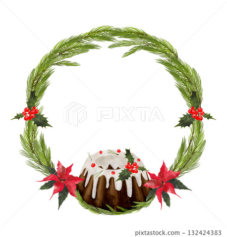 Christmas watercolor illustration of a fir wreath with a traditional cake, red berries, and flowers. Designs for greeting cards. 132424383