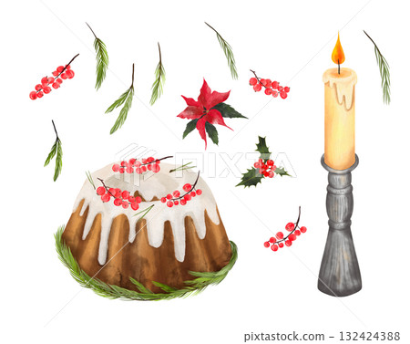 A set of Christmas watercolor illustrations: a cupcake with frosting and red berries, a candle, and fir branches. 132424388