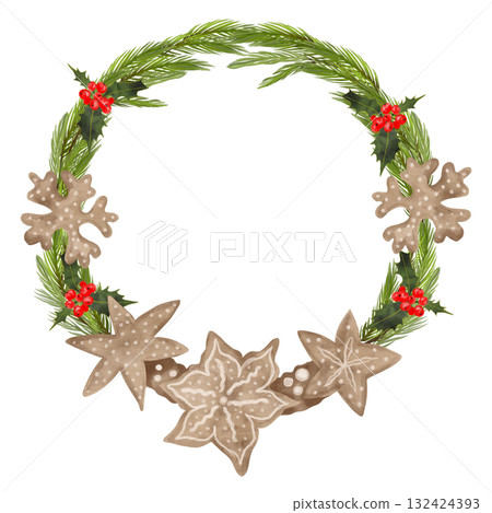 Watercolor illustration of a coniferous Christmas wreath with gingerbread cookies and red holly berries. Hand-drawn. 132424393