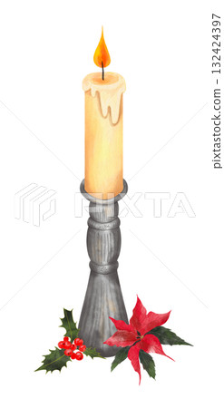 Watercolor illustration of a Christmas candle in a silver candlestick with sacred red berries and a flower. Hand drawn. Watercolor illustration of a Christmas candle in a silver candlestick with sacred red berries and a flower. Hand drawn. 132424397