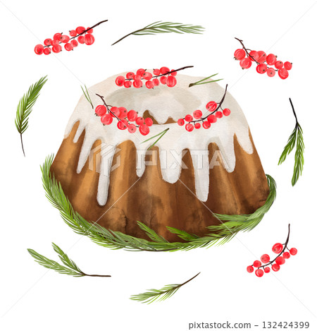 Watercolor illustration of a Christmas cake and pastries with red currants berries, with fir branches. Hand-drawn. Watercolor illustration of a Christmas cake and pastries with red currants berries, with fir branches. Hand-drawn. 132424399