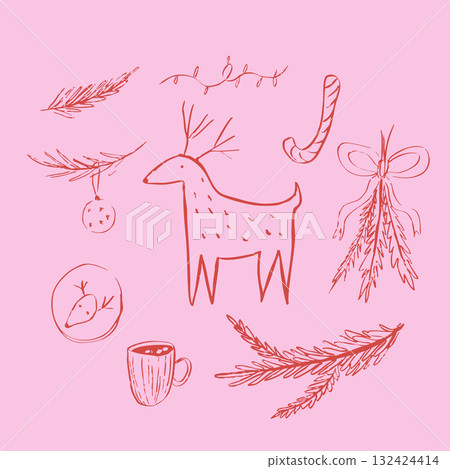Vector linear doodle set whimsical Christmas. Reindeer, fir branches, cocoa cookies, garland. Vector linear doodle set whimsical Christmas. Reindeer, fir branches, cocoa cookies, garland. 132424414