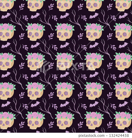 A cute pattern for Halloween and Day of the Dead featuring watercolor-style skulls. A cute skull and a bat in dark colors. A cute pattern for Halloween and Day of the Dead featuring watercolor-style skulls. A cute skull and a bat in dark colors. 132424438