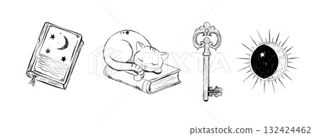 A series of sketch drawings on the theme of a mysterious magical house. Old key, a cat, moon, a book of spells, astrology. A series of sketch drawings on the theme of a mysterious magical house. Old key, a cat, moon, a book of spells, astrology. 132424462