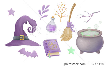 Watercolor lilac illustrations of a witch's Halloween set. Cute children's illustrations. Watercolor lilac illustrations of a witch's Halloween set. Cute children's illustrations. 132424480