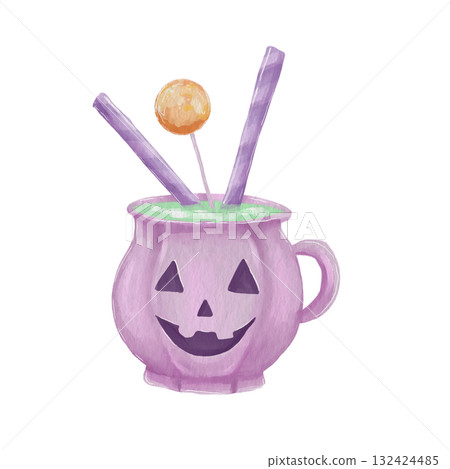 Watercolor illustration of a cute purple pumpkin-shaped mug with a drink for Halloween. 132424485