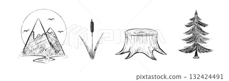 A set of sketch-style drawings of nature. Mountains, reeds, rivers, lakes, foam, fir trees, trees. A set of sketch-style drawings of nature. Mountains, reeds, rivers, lakes, foam, fir trees, trees. 132424491