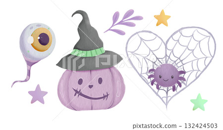 A set of purple watercolor elements for a cute Halloween. A pumpkin in a hat, a spider, an eyeball, stars, and a leaf. A set of purple watercolor elements for a cute Halloween. A pumpkin in a hat, a spider, an eyeball, stars, and a leaf. 132424503