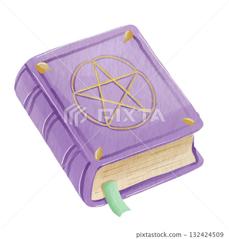Purple spell book. Halloween element in the style of watercolor illustration. 132424509