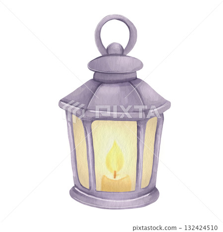 A fairy-tale illustration of a glass lantern with a burning candle. A watercolor-style children's drawing for Christmas. A fairy-tale illustration of a glass lantern with a burning candle. A watercolor-style children's drawing for Christmas. 132424510