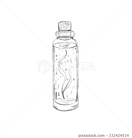 A sketch-style drawing of a small glass jar containing a drink, medicine, or potion. 132424514