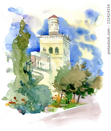 Watercolor painting of an old tower surrounded by trees and a blue sky 132424554