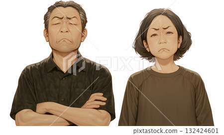 "Generative AI" illustration of a middle-aged couple with their arms crossed and dissatisfied expressions 132424601