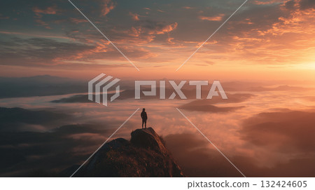 Generative AI creates a spectacular natural landscape of a person standing on a mountaintop surrounded by the setting sun Generative AI creates a spectacular natural landscape of a person standing on a mountaintop surrounded by the setting sun 132424605