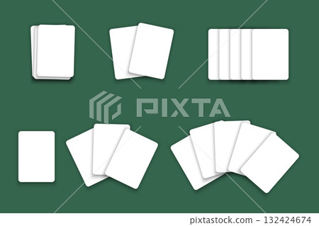 Set of blank white playing card mockups isolated on green felt poker table background. Playcard templates in different arrangements. Casino game concept. Vector realistic illustration 132424674