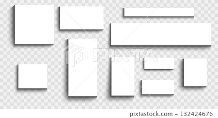 Set of square and rectangular posters, banners, web sidebars or cards shadow effects. White paper mockups with soft blurry shades isolated on transparent background. Vector realistic illustration. 132424676