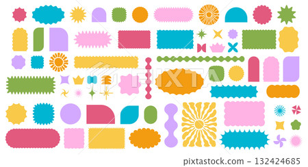 Set of colored geometric forms with wavy edges. Cute basic shapes with scalloped borders. Empty text box, sticker, tag or label templates isolated on white background. Vector flat illustration Set of colored geometric forms with wavy edges. Cute basic shapes with scalloped borders. Empty text box, sticker, tag or label templates isolated on white background. Vector flat illustration 132424685