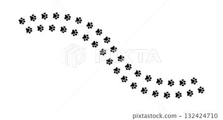 Wavy track of wet or mud pawprints of dog or cat. Path with pet paw silhouettes. Black steps of running or walking animal isolated on white background. Vector graphic illustration 132424710