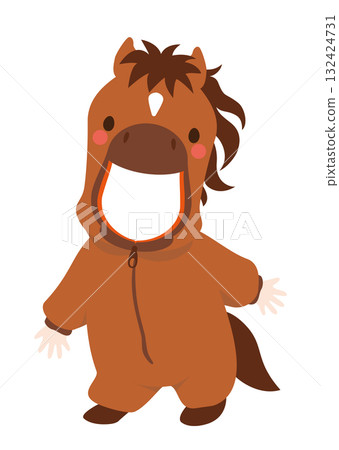 適合 2026 年馬年新年賀卡的馬匹服裝向量圖，嘴巴透明，可插入照片。 132424731