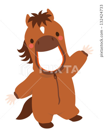 適合 2026 年馬年新年賀卡的馬匹服裝向量圖，嘴巴透明，可插入照片。 132424733