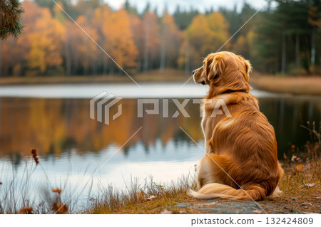 a golden retriever sitting in a serene wilderness setting with an autumn forest and lake in the background. 132424809