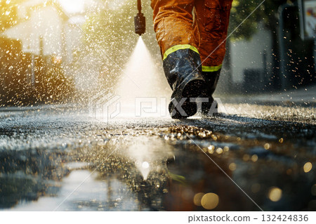 Man operating high pressure water jet and vigorously cleaning sidewalk and driveway Man operating high pressure water jet and vigorously cleaning sidewalk and driveway 132424836