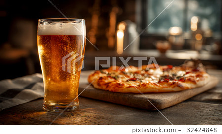 Enjoying a refreshing beer alongside a slice of Margherita pizza in a cozy pub setting 132424848