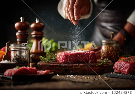 Chef cooks beef steak, sprinkling with salt on a background of professional kitchen. Chef cooks beef steak, sprinkling with salt on a background of professional kitchen. 132424878