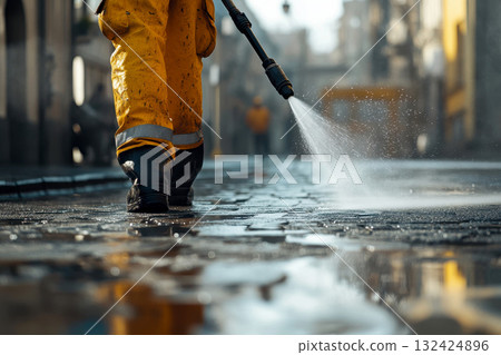 Workers use a pressure washer to clean the driveway of dirt on road city. Workers use a pressure washer to clean the driveway of dirt on road city. 132424896