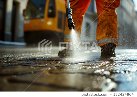 Workers use a pressure washer to clean the driveway of dirt on road city. Workers use a pressure washer to clean the driveway of dirt on road city. 132424904