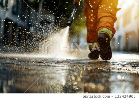 Workers use a pressure washer to clean the driveway of dirt on road city. Workers use a pressure washer to clean the driveway of dirt on road city. 132424905